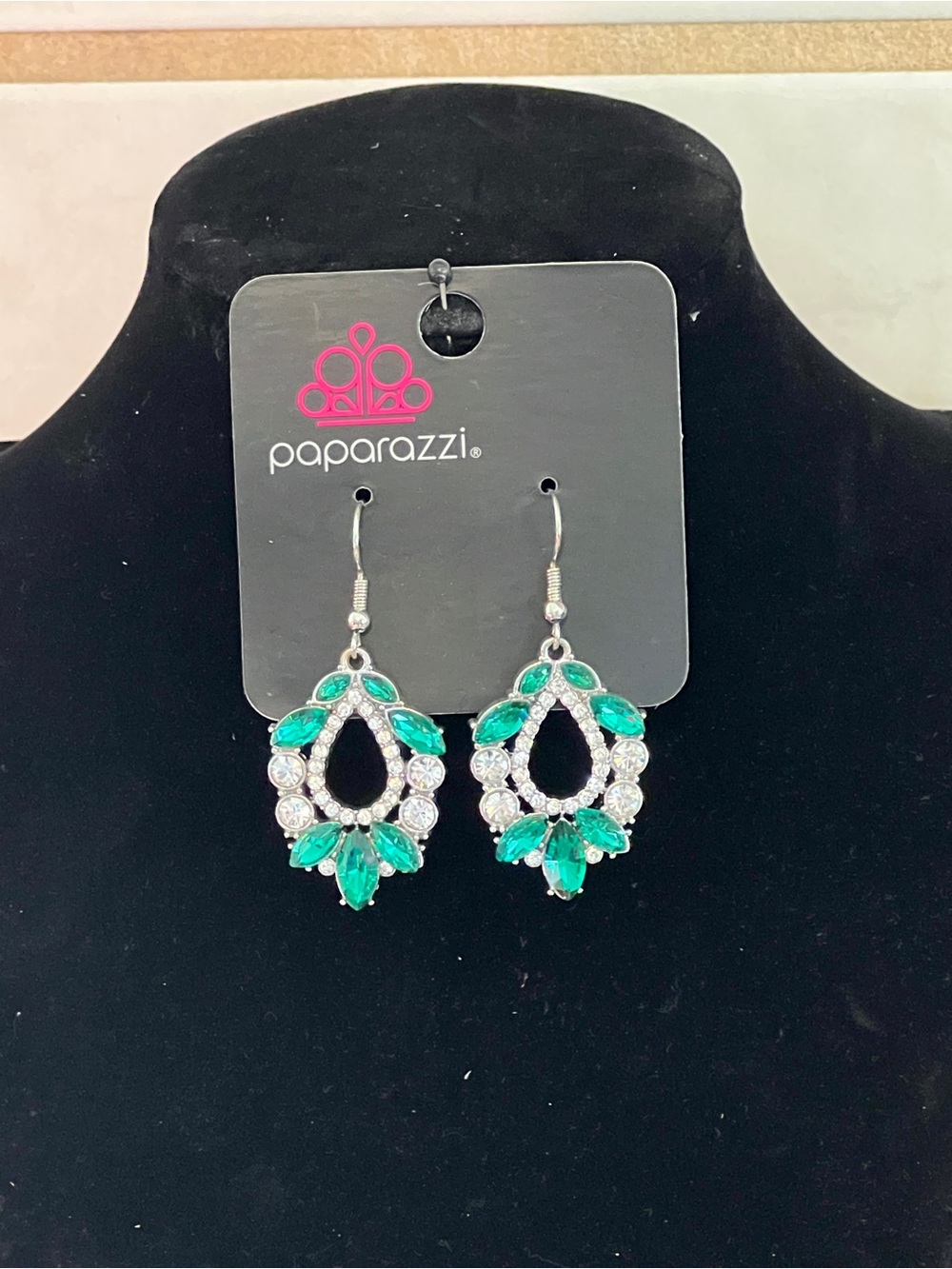 Paparazzi Silver-Tone Emerald Teardrop Crystal Dangle Earrings